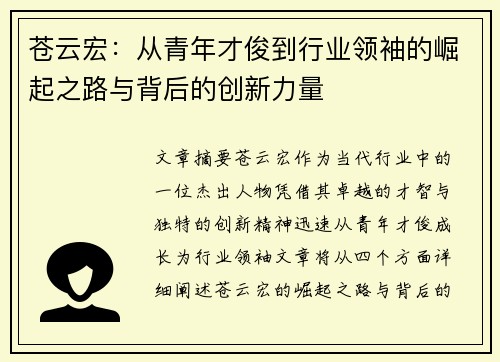 苍云宏:从青年才俊到行业领袖的崛起之路与背后的创新力量 苍云宏:从青年才俊到行业领袖的崛起之路与背后的创新力量